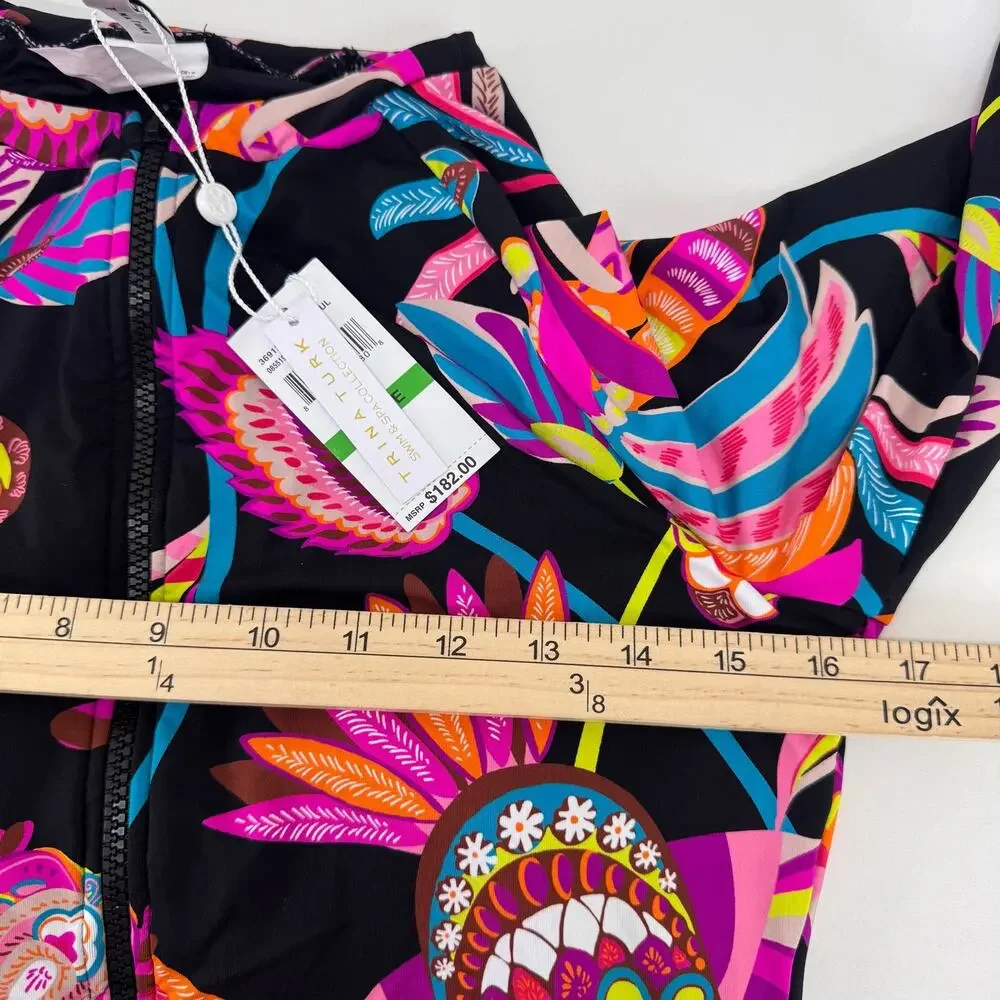NWT Trina Turk Long Sleeve Zip Up Paddle Suit One Piece Swimsuit sz L Tropical